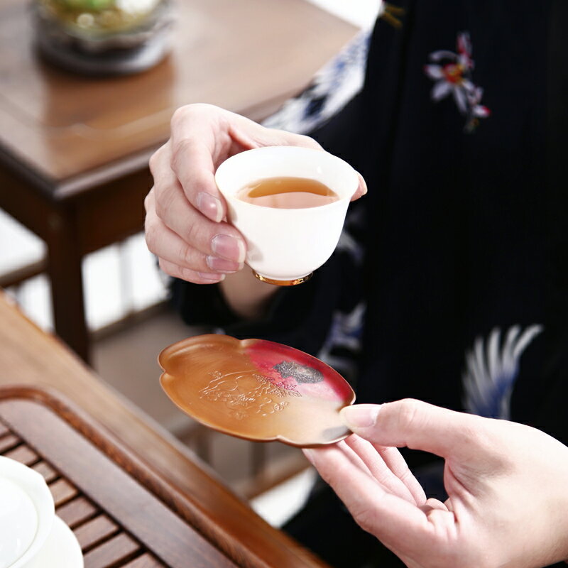 晟窯鏨刻銅杯託純銅加厚功夫茶杯墊隔熱墊家用茶杯墊茶道零配茶托