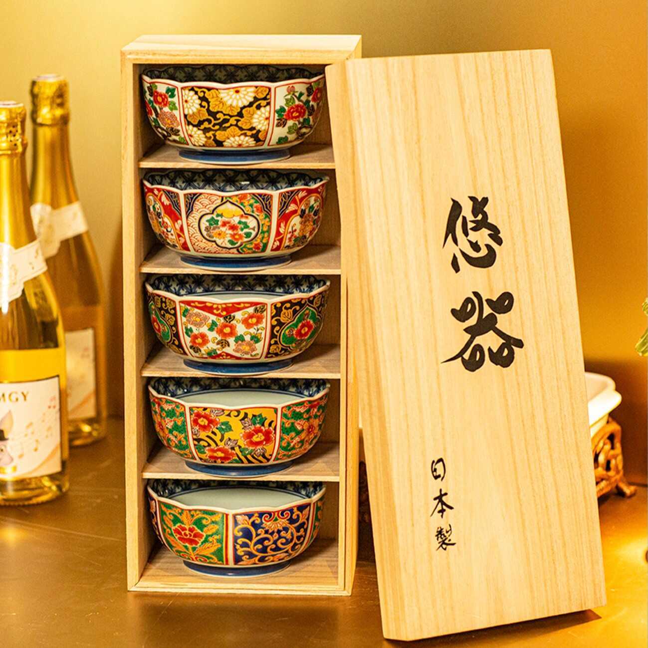 公司現貨 免運開發票 日本進口日式和風有田燒波浪邊五福碗浪口碗5碗木盒禮盒裝家用擺件 現貨速發