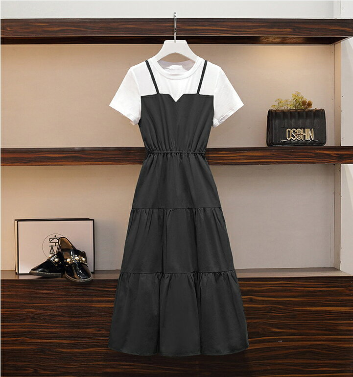 韓系恬靜．吊帶假兩件拼接收腰顯瘦短袖洋裝- shiny藍格子【V3300】 5