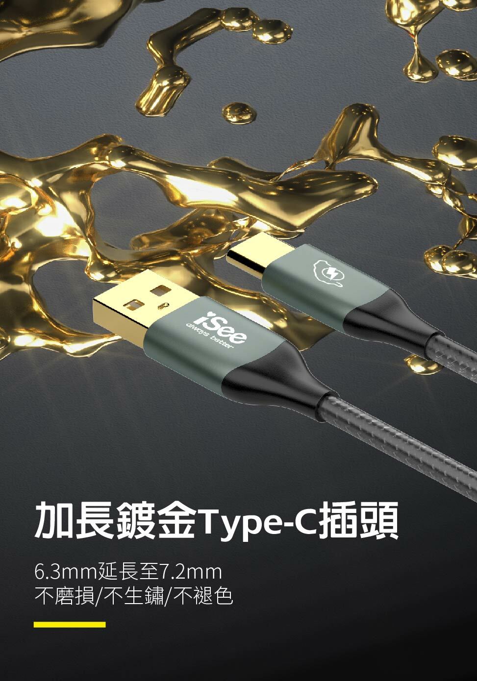 iSee 快充線 Type-A to C 45W 2.5米 鋁合金PD充電傳輸線 高密度編織線耐彎折 IC-AC678【領券滿額再折千12/31止】 7