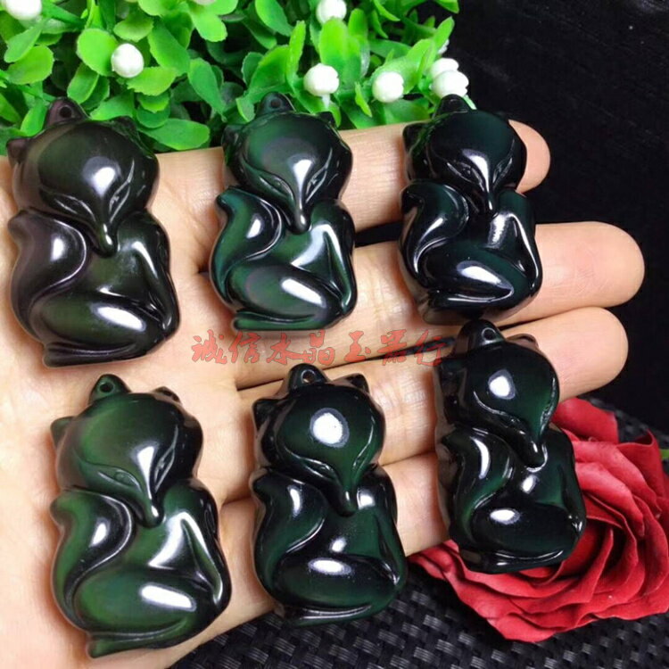 天然彩虹眼黑曜石狐貍吊墜男女婚姻緣招桃花運狐貍項鏈飾品1入