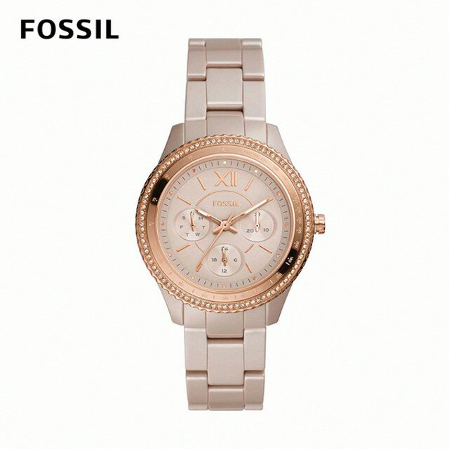 送禮首選★【FOSSIL】Stella 晶鑽錶圈三眼女錶 焦糖色陶瓷錶帶 38MM CE1112【美國時尚品牌】 附提袋【全館滿額折價★FOSSIL全系列包夾送美妝蛋】