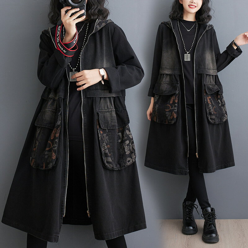 【巴黎精品】牛仔外套丹寧夾克-連帽印花大口袋長版女外套a1jc28