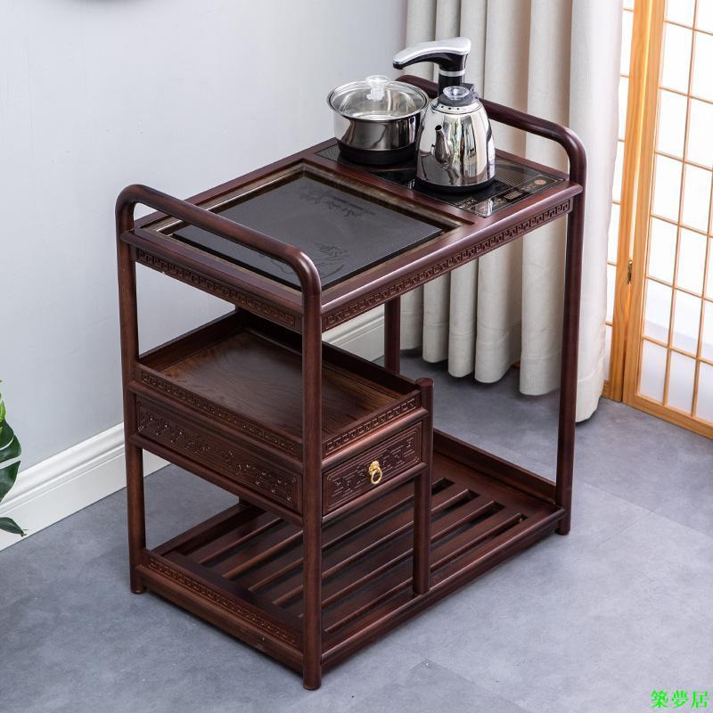 免運 【開立發票】茶水櫃 收納櫃 茶車實木烏金石移動茶水櫃小茶桌茶臺燒水壺一體家用簡約中式茶車胡桃