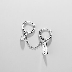福雅軒 s925銀時尚韓版單只短款氣質雙耳洞耳扣復古刻字方牌耳環