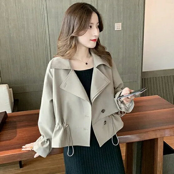 FUXI 短版風衣外套女 夾克外套 薄外套 韓版抽繩短版外套 小個子氣質外套 百搭翻領外套 女裝 衣服