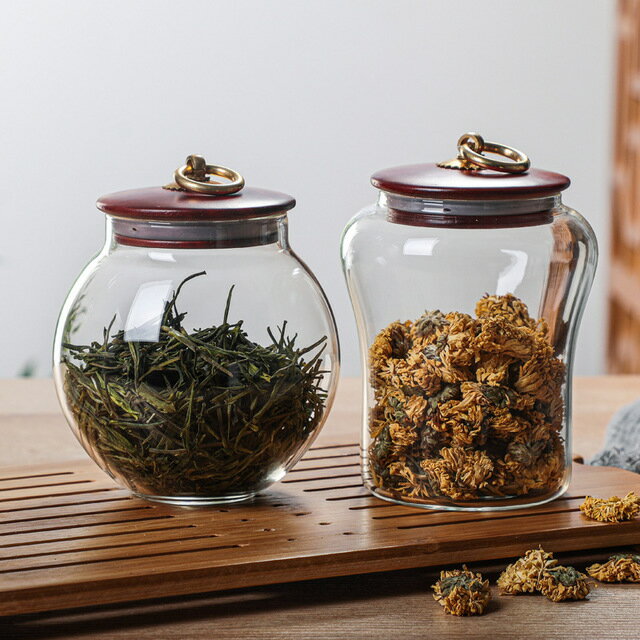 玻璃密封罐花瓣罐普洱茶罐子裝茶葉罐木蓋家用咖啡豆儲藏罐儲物罐
