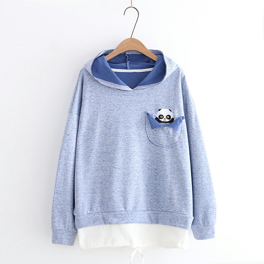 卡通熊刺繡口袋裝飾寬鬆連帽長袖衛衣(4色F碼)＊ORead＊【限定加碼✿全館滿額再折】