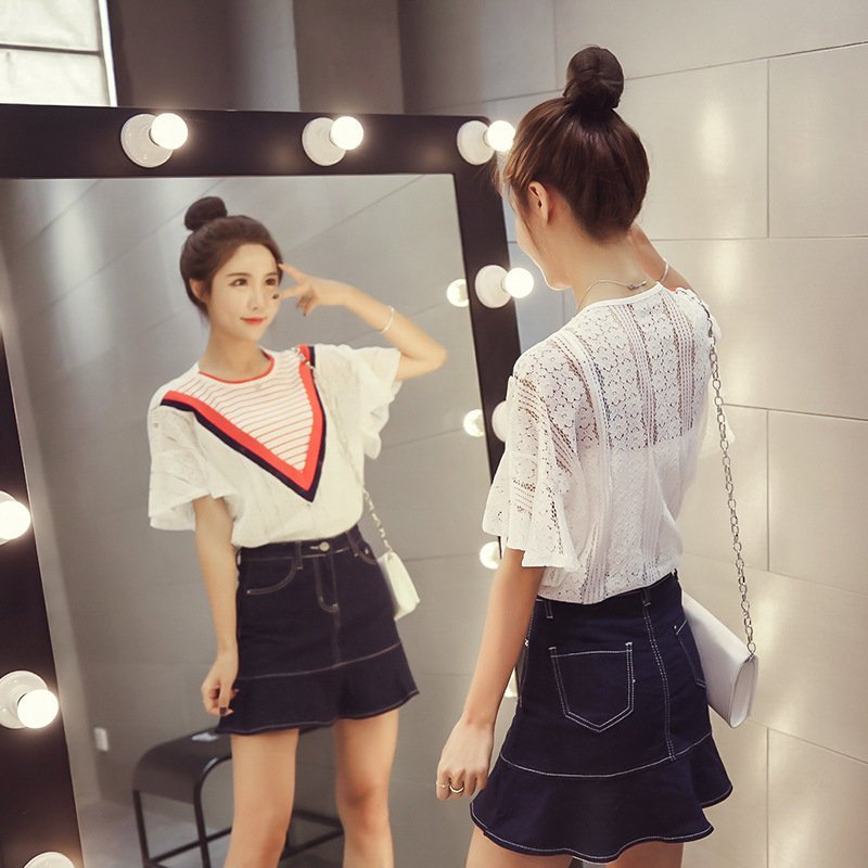 FINDSENSE G5 韓國時尚 撞色 蕾絲 上衣+高腰 魚尾裙 半身裙 短裙 兩件套 套裝