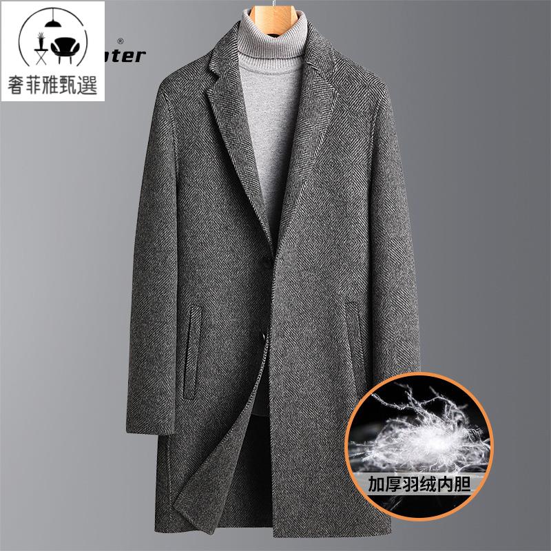 快速出貨/秋冬人字呢脫卸羽絨內膽雙面呢大衣男士保暖外套中長款羊毛大衣男