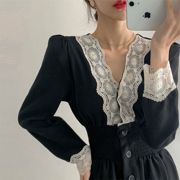 ANNA S. 正韓 V領 蕾絲 黑色 洋裝 長袖 縮腰 顯瘦 連身裙 復古 氣質 上班族 韓國690 6