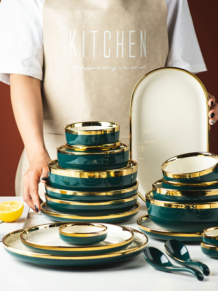 北歐碗碟套裝家用組合陶瓷創意輕奢餐具碗盤網紅飯碗沙拉湯面碗筷