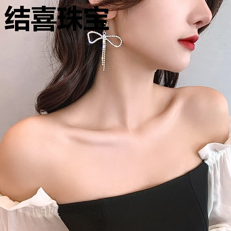 韓國S925銀針耳環女鑲鉆蝴蝶結夸張耳圈時尚氣質設計感耳墜潮耳飾