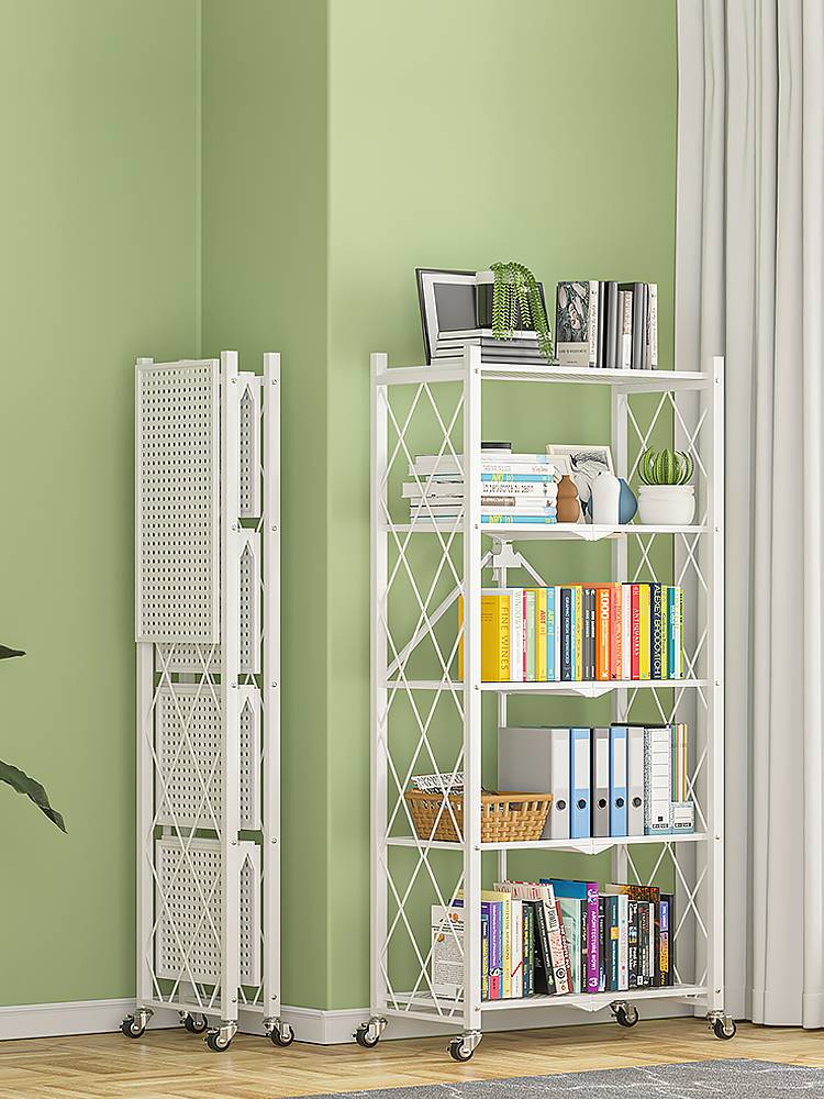 簡易書架落地臥室客廳鐵藝收納置物架可移動折疊小型書柜一體靠墻