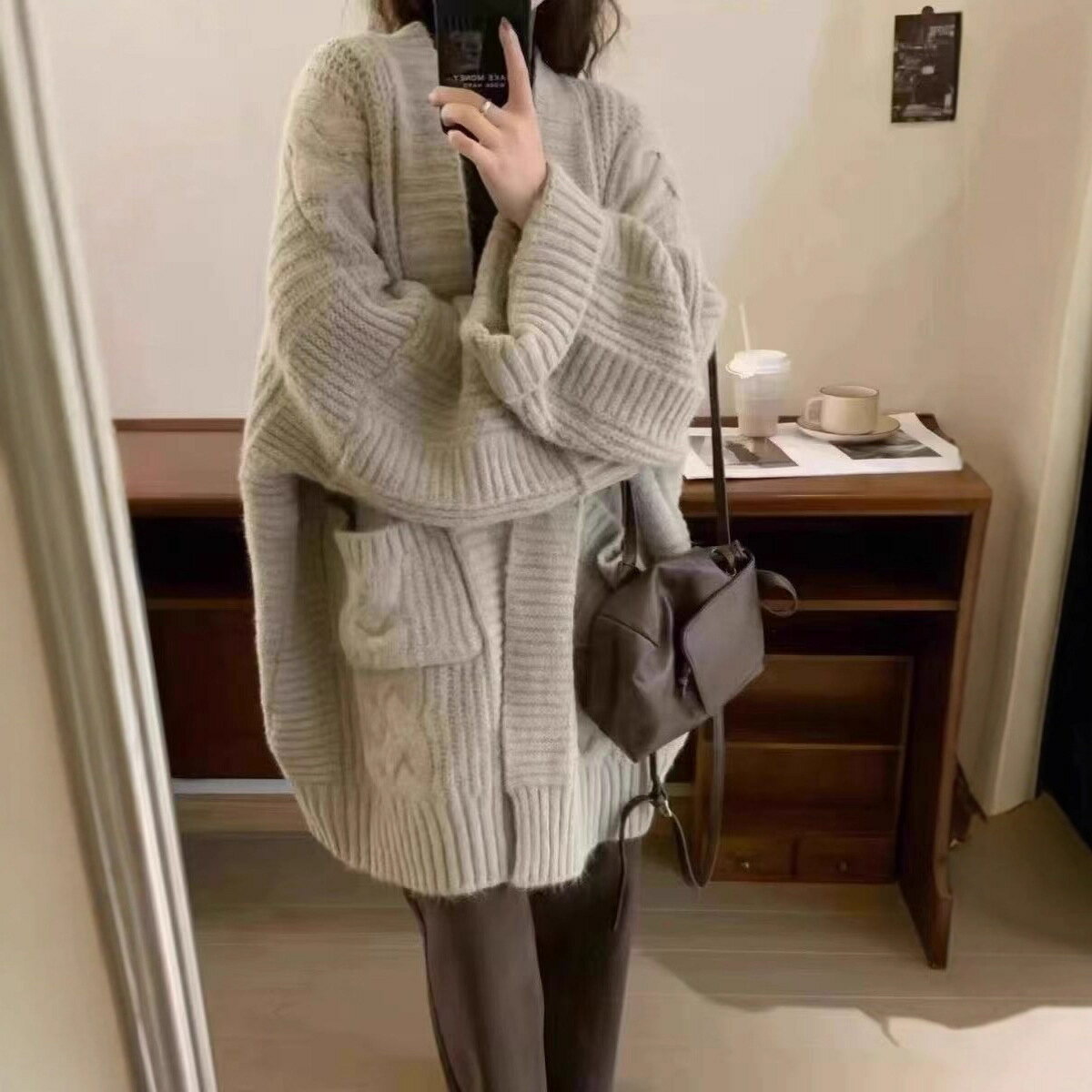 慵懶風★韓系中長款加厚針織毛衣外套(淺灰/咖啡)