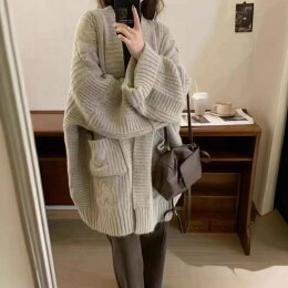 慵懶風★韓系中長款加厚針織毛衣外套(淺灰/咖啡)
