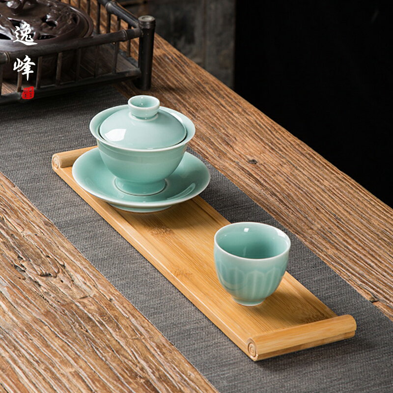 逸峰日式竹質托盤長方形家用客廳功夫茶具茶水杯手提木頭盤子茶盤