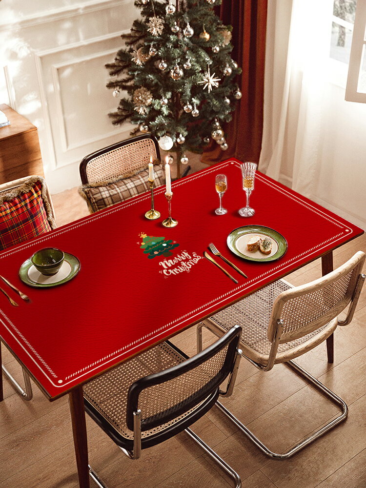 圣誕節主題茶幾桌布防水防油免洗防燙桌面皮革餐桌墊長方形臺布