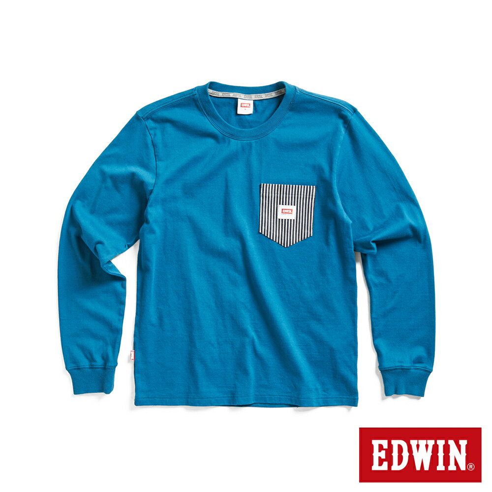 EDWIN 工裝直紋丹寧布拼貼口袋長袖T恤-男款 土耳其藍