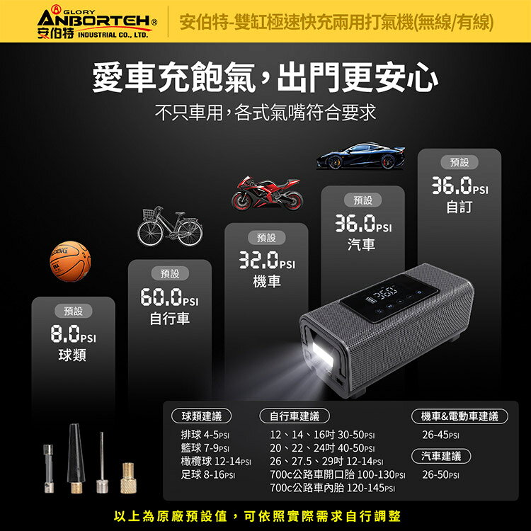 【安伯特】雙缸極速快充兩用打氣機(無線/有線) 國家認證 一年保固 (充氣機 輪胎 胎壓檢測 露營車SUV、RV、PICKUP大尺寸胎必備) 9
