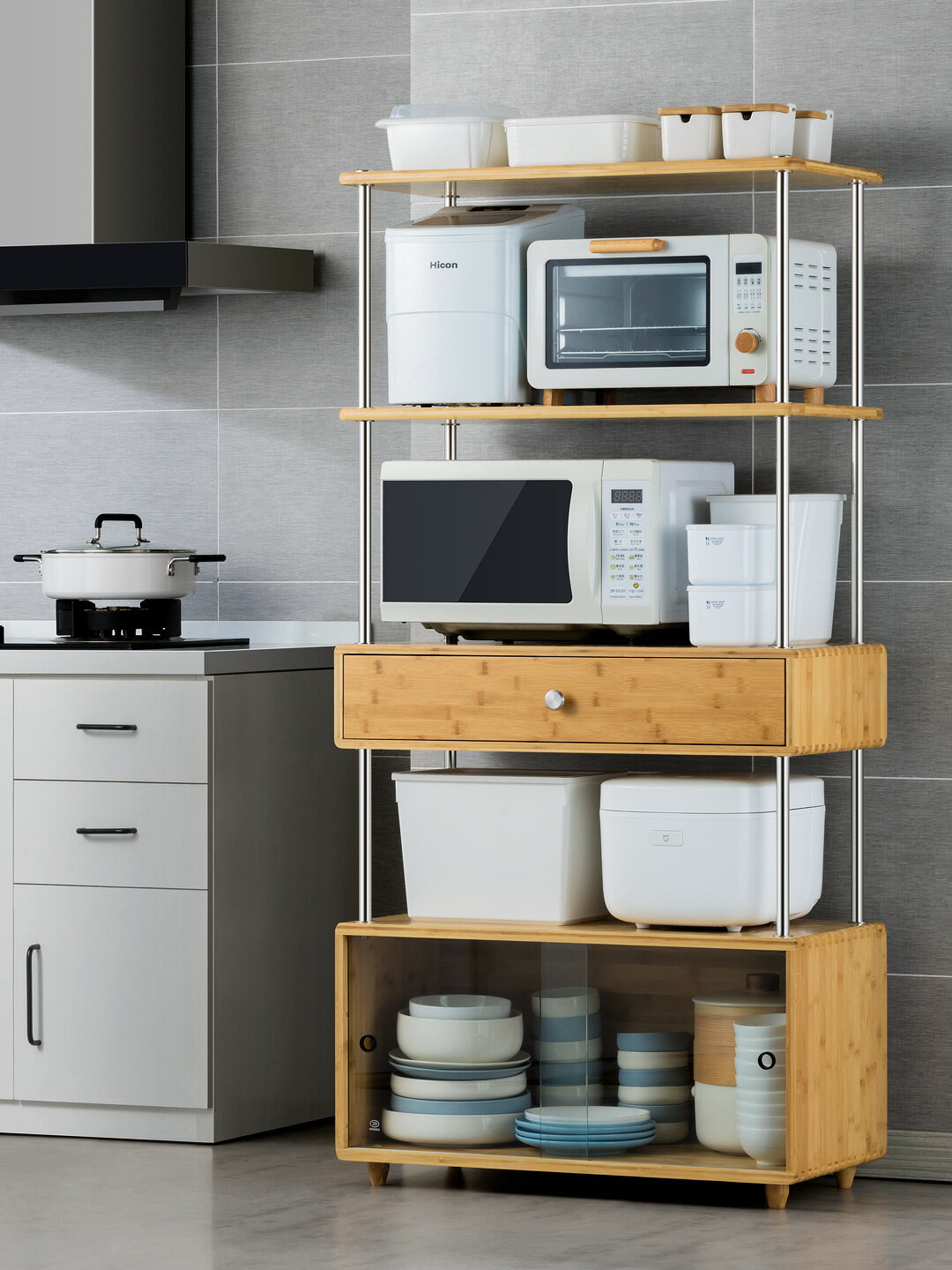 廚房碗柜收納架落地多層微波爐置物架客廳陽臺帶門儲物柜子書架木