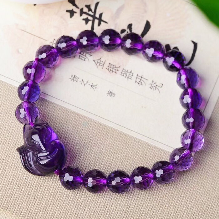 開光 天然紫水晶狐貍手鏈 刻面切面紫水晶手鏈 紫晶狐仙手鏈