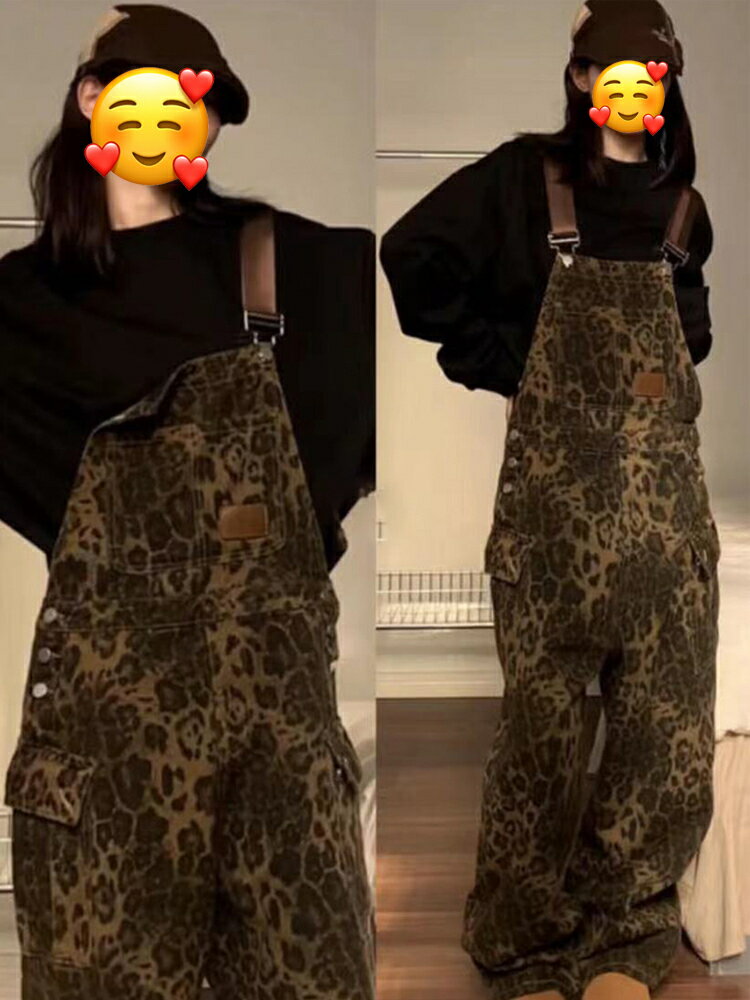 美式復古高街豹紋牛仔背帶褲女春秋寬松設計感小眾夏季直筒長褲潮【淘夢屋】