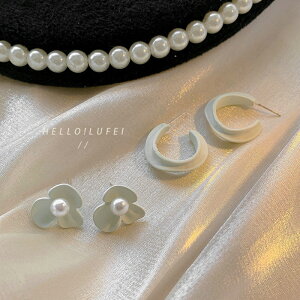 超仙白色耳釘~網紅珍珠花朵百搭簡約耳圈韓國可愛耳環女銀針耳飾