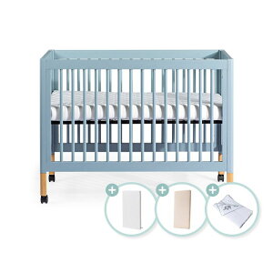 【預計6月下旬到貨】LEVANA Mini Color三合一嬰兒成長床(知更藍)+支撐棉床墊+可水洗床墊+大象寢具五件組