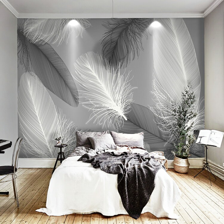 北歐風格黑白羽毛客廳餐廳沙發臥室電視背景墻紙現代藝術裝飾壁布