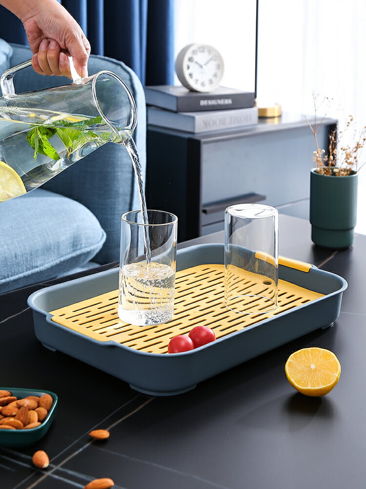 水杯子瀝水盤家用客廳雙層托盤長方形茶盤水果盤塑料創意瀝水籃架