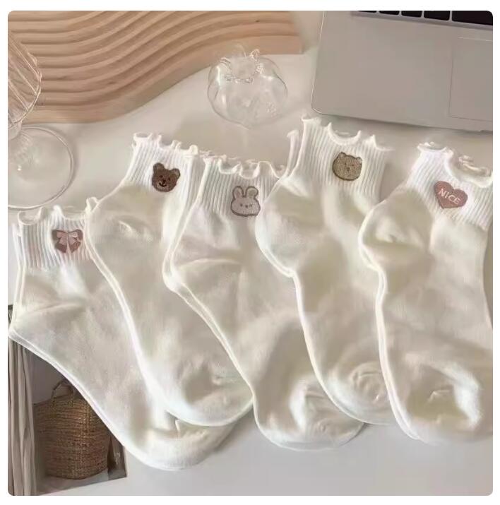小熊花邊ins潮白色中筒襪春夏季花邊襪日系可愛卡通襪子短筒春天【繁星小鎮】