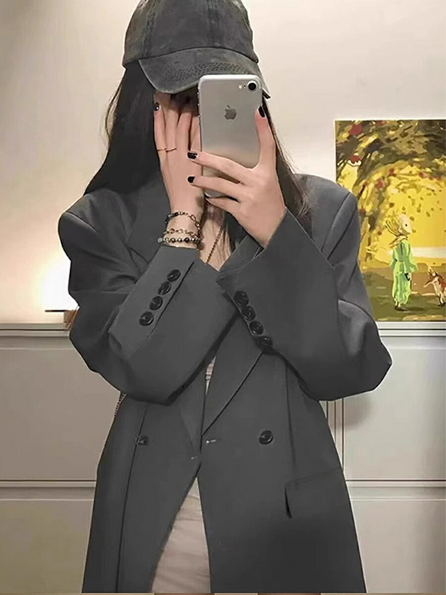 高級感灰色西裝外套女春秋2024年新款寬松oversize黑色小西服套裝【淘夢屋】