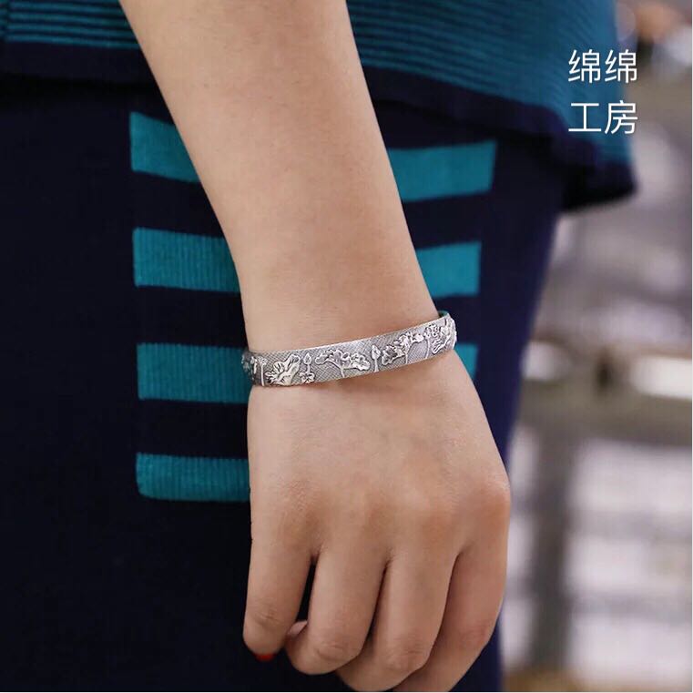 S990純銀蓮花心經手鐲女開口鐲子復古工藝泰銀經文手環手工
