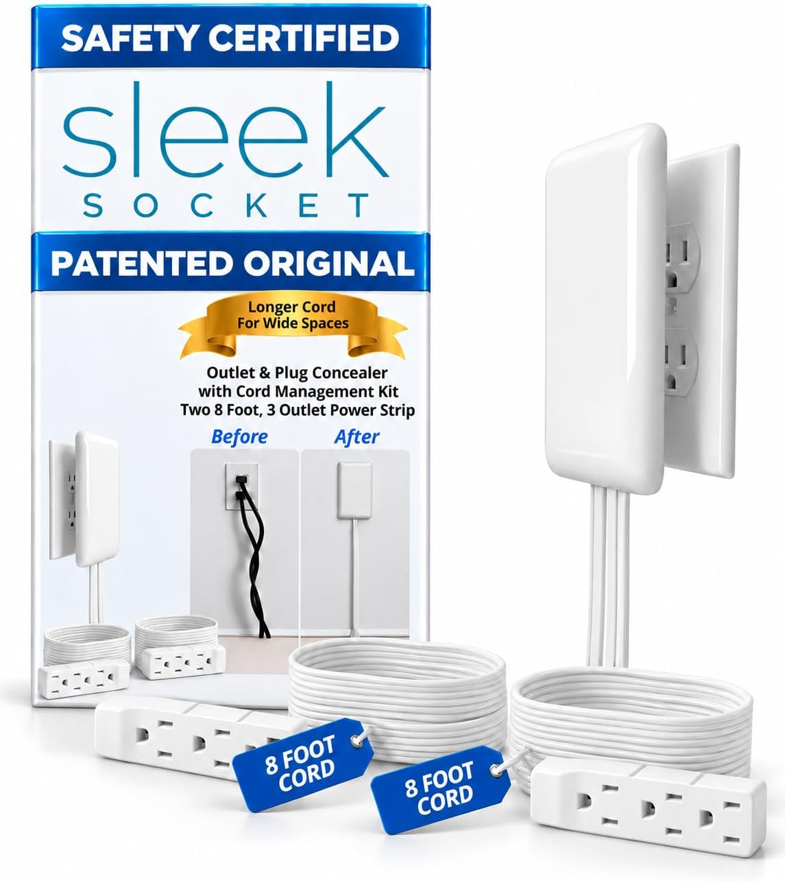 [6美國直購] Sleek Socket 平頭插座蓋式延長線 3插x雙線 2.4M線長 UL認證 Original & Patented Flat Ultra-Thin Outlet Concealer