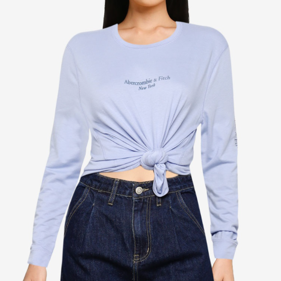 Abercrombie & Fitch 女裝 長袖打結印花T恤 長袖T 圓領 純棉上衣 A54210 藍色AF(現貨)▶指定Outlet商品5折起☆現貨【送禮首選★APP下單點數4倍送】