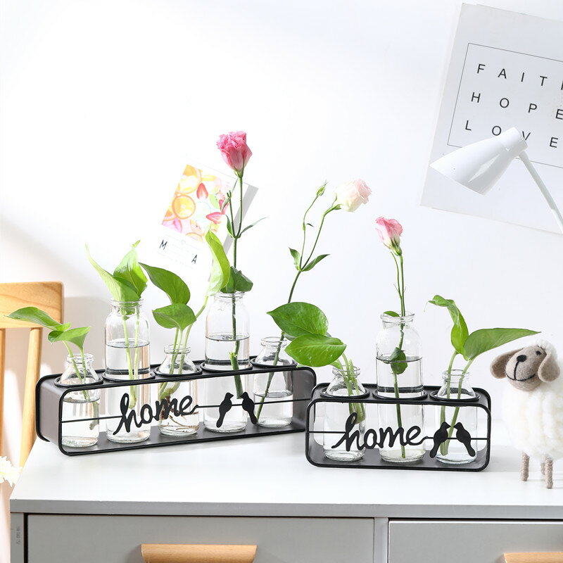 水培綠植擺件北歐鐵藝玻璃花瓶植物擺飾辦公室家居房間插花裝飾