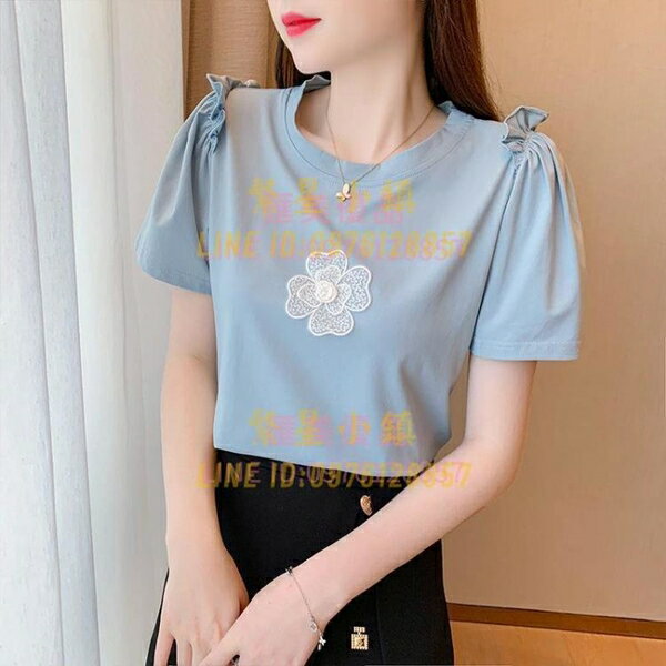 刺繡短袖T恤女設計感立體花朵純色百搭上衣圓領寬鬆女【匯美優品】【繁星小鎮】