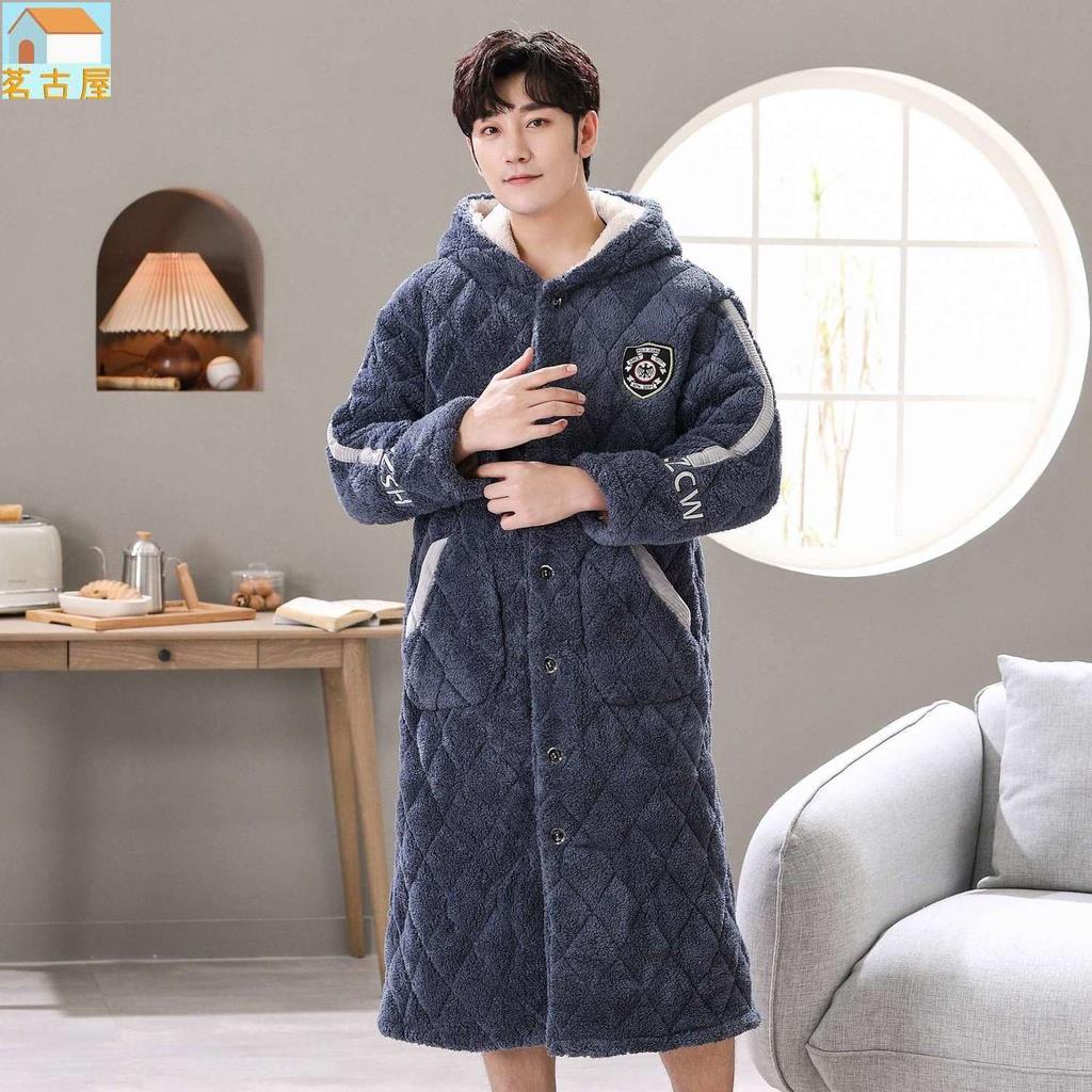 ☂睡袍☂冬季男士睡袍 加厚 加長款 珊瑚絨 三層加棉 浴袍 刷毛卡通保暖長袍 睡衣