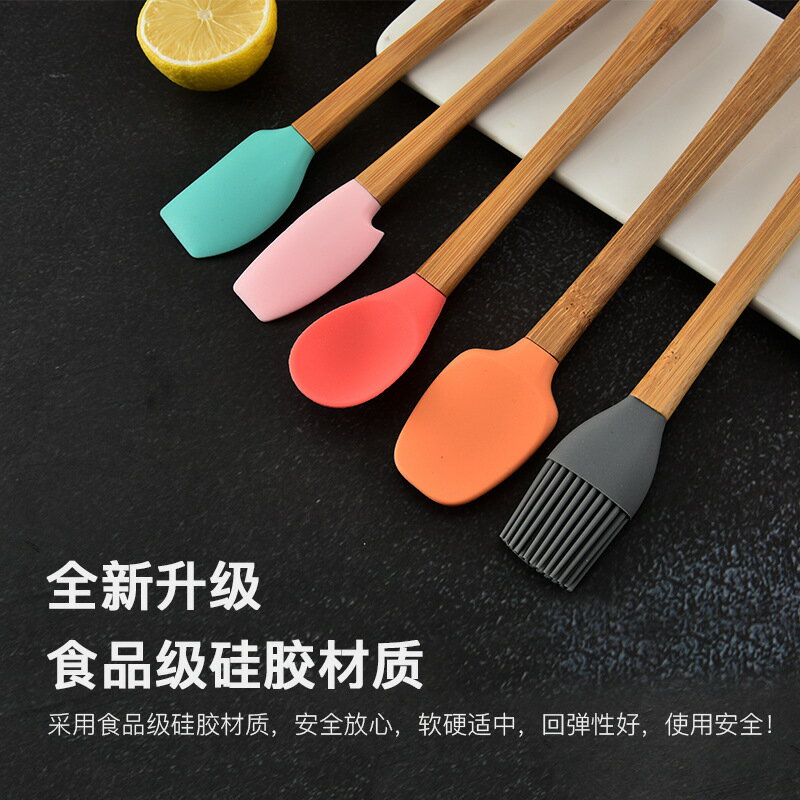 迷你烘焙工具彩色5件套裝鍋鏟矽膠刮刀兒童木柄矽膠小廚具
