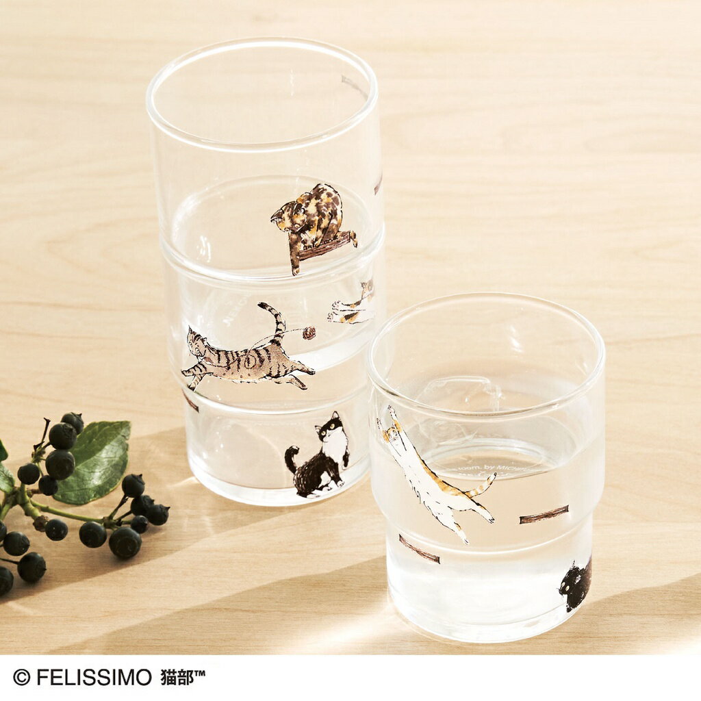 【日本Felissimo】貓部 貓咪的階梯式玻璃杯 堆疊時插畫就連在一起