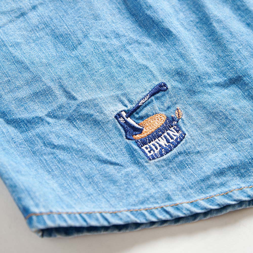 EDWIN 露營系列 刺繡LOGO長袖牛仔襯衫-男款 石洗藍 7