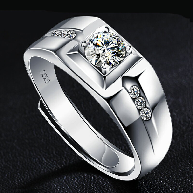 純銀霸氣白銀戒指男單身男士潮人鍍18K白金韓版個性潮開口寬指環