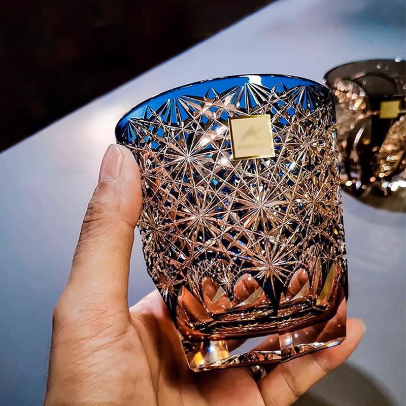 江戶切子高階藍雛菊水晶玻璃杯ins高顏值輕奢威士忌杯高檔洋酒杯-貼心優衣家居