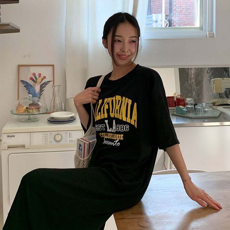 ANNAS 正韓 LA字母懶人裙 洋裝 短袖 長裙 長洋 休閒 運動 長版T 顯瘦 寬鬆 棉質 長洋裝 韓國 3