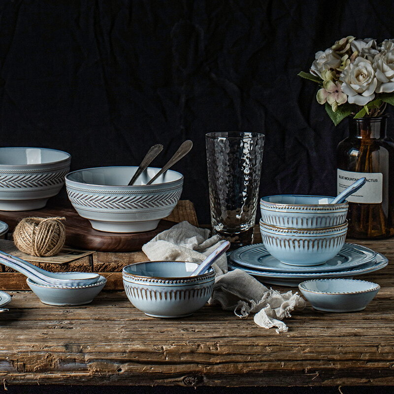 碗碟家用做舊復古浮雕工藝餐具創意個性法式中西餐盤陶瓷藍色飯碗