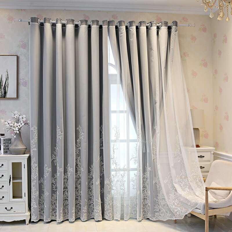 遮光窗簾 雙層新款飄窗公主風遮光窗簾布紗一體式流行唯美溫馨法式浪漫臥室
