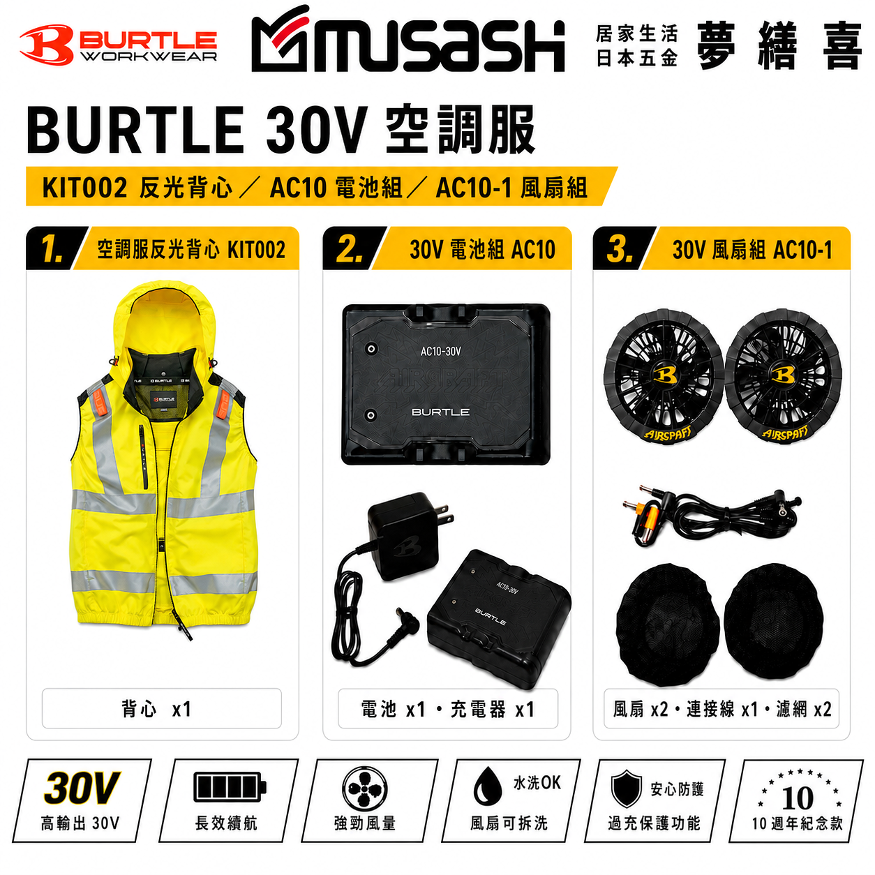BURTLE 空調服反光背心 KIT002 側邊風扇 套裝組 AC10 30V電池 30V風扇 巴特雷 作業服 戶外 降溫 露營 爬山 施工 工程作業 通風衣