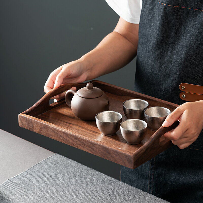 黑胡桃木質茶盤托盤長方形盤子手提家用茶具實木邊木托盤