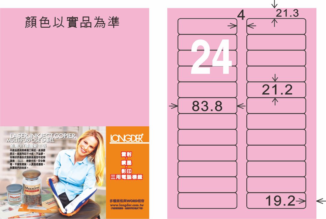 【龍德】LD-889 雷射、噴墨、影印三用電腦標籤 21.2x83.8mm 20大張/包 (5色)
